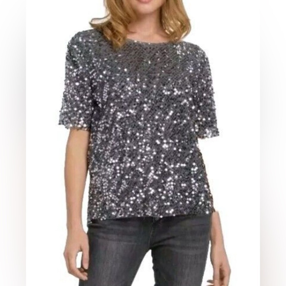 NWT Alex Marie Lia Sequin Velvet Top Silver Crew Neck Short Sleeve Size Small